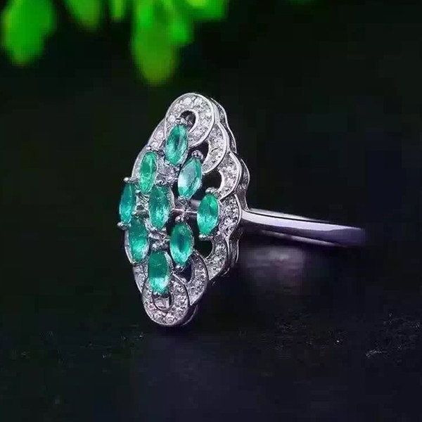 Luxurious natural gemstone ring 9 pcs 4*2mm natural emerald solid 925 sterling silver emerald ring classic emerald silver jewelry