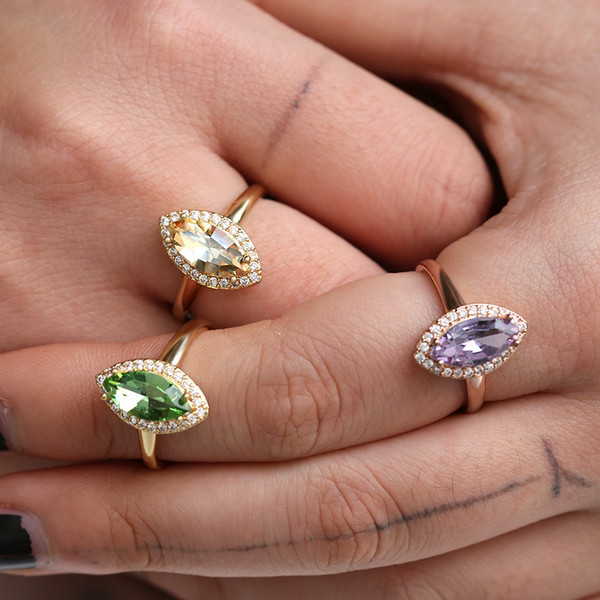 Fashion Woman Green Purple Yellow Jewelled Ring Sweet Cute Diamond Silver Ring Bridal Wedding Engagement Ring