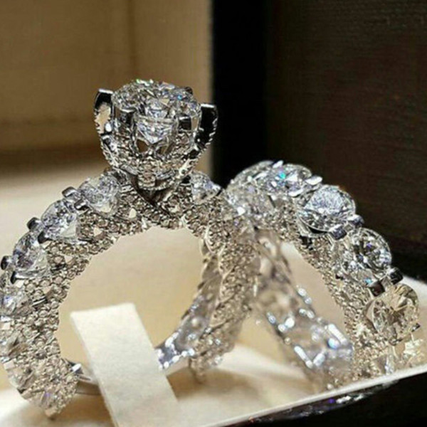 Women's New Fashion Accessories Full Diamond Zircon Pair Ring Wedding Fancy Princess Ring Square Imitation Diamond Set Ladies Jewelry