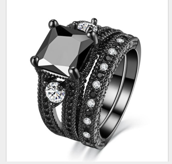 European and American luxurious black gold rings with high-grade black and nano zircons plated black gold rings.