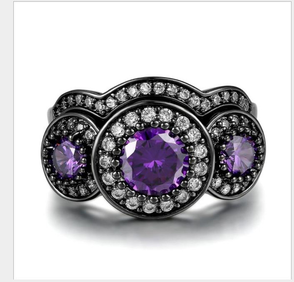 European and American luxurious Vintage purple stone black gold rings with high-grade micro zircon rings