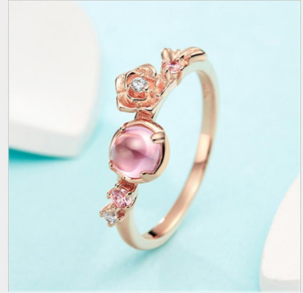 2019 Princess ring plated with rose gold, three-dimensional flower crystal ring.