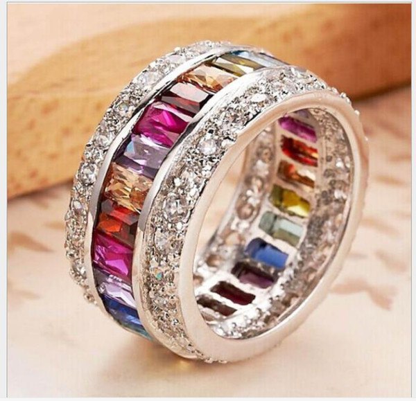 European and American fashion women's long color diamond ring Plated Platinum trend hand.