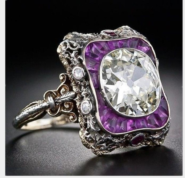 New creative Amethyst trapezoid diamond ring, European and American ladies fashion accessories