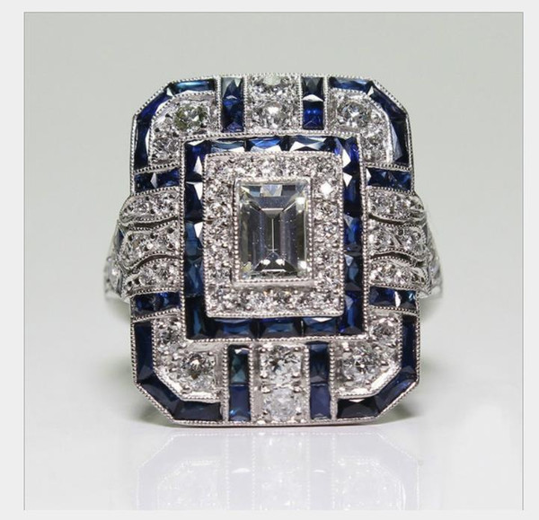 Retro folk style square sapphire ring micro diamond hand jewelry