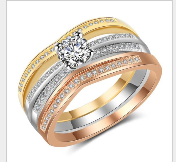 Three piece set of micro diamond rings with tricolor joint rings