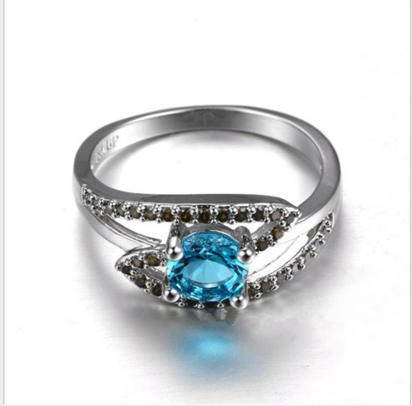 Jewelry, European and American women's rings, blue zircon, platinum plated rings.