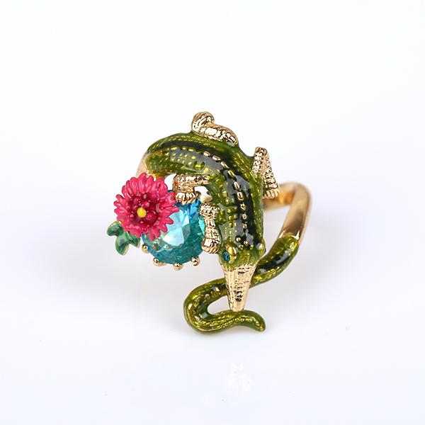 Les bsl nereides Rainforest Series Enamel glazed Green crocodile lizard Gem Flower Ring