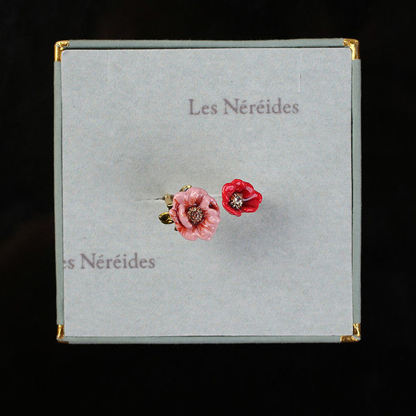 Les BSL nereides Winter Garden series enamel glazed pink red peony flower opening ring