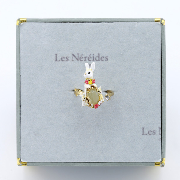 Les BSL nereides Rabbit Family Series Enamel Glaze Three White Rabbit Gemstone Opening Adjustable Rings