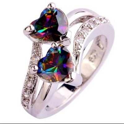 lingmei Fashion Lover Jewelry Heart Cut Rainbow & White Topaz Gemstone Silver Ring Size 6 7 8 9