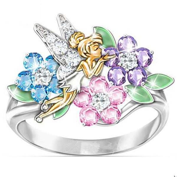 Fantasy Flower Fairy Elf Cubic Zirconia Plating Princess Multicolor diamond Wedding Rings Jewelry Gift 423