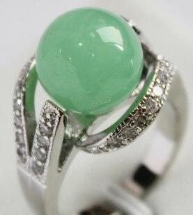 Free Shipping lady's new design jewelry silver plated with crystal decorated &12mm light green jades ring(#7.8.9)