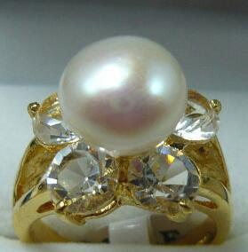 Free ShippinG cultured white pearl Five-pointed star CZ 18KGP ring #7,8,9