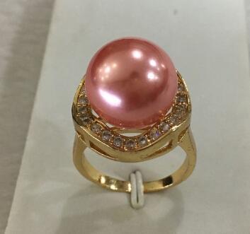 Free Shipping New trend lady's exquisite 18KGP inlay crystal 14mm pink shell pearl ring SIZE 6/7/8/9/10