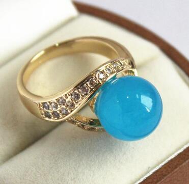 Free Shipping cute lady's 18KGP with crystal decorated &12mm blue jades ring(#7 8 9 10)