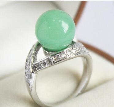 Free Shipping elegant lady's silver plated with crystal decorated &12mm light green jades ring(#7 8 9 10)