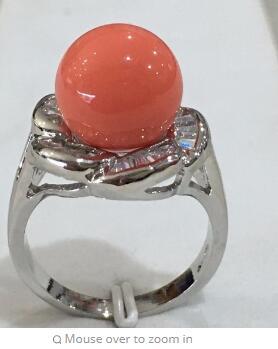 Free Shipping R003 New lady's fashion silver plated inlay crystal 12mm orange shell pearl ring SIZE 6/7/8/9/10