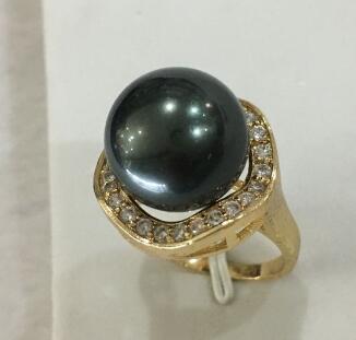 Free Shipping New trend lady's exquisite 18KGP inlay crystal 14mm black shell pearl ring SIZE 6/7/8/9/10