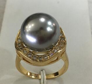 Free Shipping New trend lady's exquisite 18KGP inlay crystal 14mm grey shell pearl ring SIZE 6/7/8/9/10