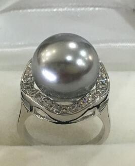 Free Shipping New lady's noble silver plated inlay crystal 14mm grey shell pearl ring SIZE 7/8/9/10