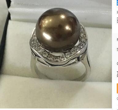 Free Shipping New lady's delicate silver plated inlay crystal 14mm brown shell pearl ring SIZE 7/8/9/10