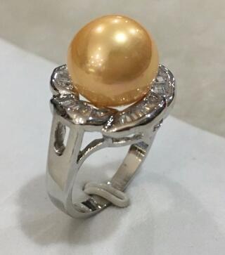 Free Shipping R004 New lady's fashion silver plated inlay crystal 12mm yellow shell pearl ring SIZE 6/7/8/9/10