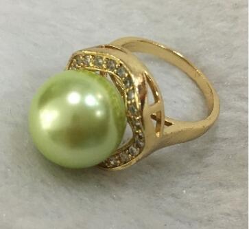 Free Shipping New trend lady's exquisite 18KGP inlay crystal 14mm green shell pearl ring SIZE 6/7/8/9/10