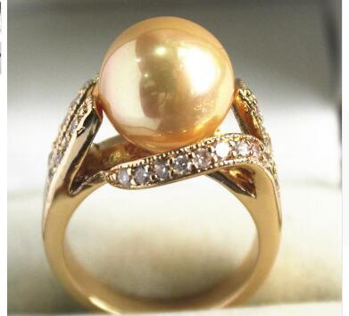 Free Shipping beautiful new jewelry 18KGP with crystal decorated &12mm yellow shell pearl ring(#7.8.9)