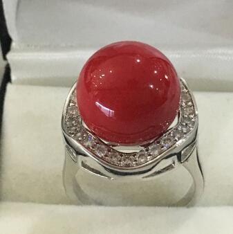 Free Shipping New fashon lady's exquisite silver plated inlay crystal 14mm red shell pearl ring SIZE 7/8/9/10