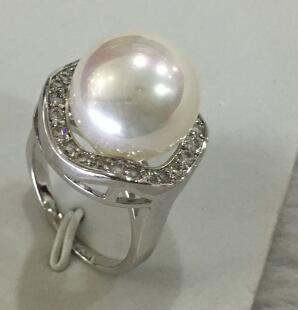 Free Shipping New lady's delicate silver plated inlay crystal 14mm white shell pearl ring SIZE 7/8/9/10