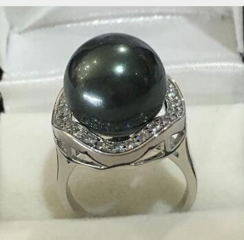 Free Shipping 2 choices New lady's delicate silver plated inlay crystal 14mm black/yellow shell pearl ring SIZE 7/8/9/10