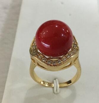 Free Shipping New trend lady's exquisite 18KGP inlay crystal 14mm red shell pearl ring SIZE 6/7/8/9/10