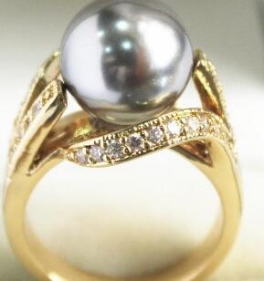 Free Shipping lady's new jewelry 18KGP with crystal decorated &12mm gray shell pearl ring(#7.8.9)