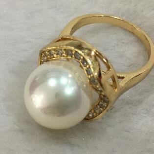 Free Shipping New trend lady's exquisite 18KGP inlay crystal 14mm white shell pearl ring SIZE 6/7/8/9/10