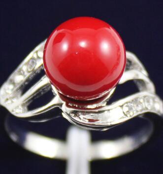 Free ShippinG 2 colors wholesale beautiful design 10 mm lady's red/pink shell pearl silver plated ring(#7.8.9)