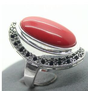 Free Shipping 17X30mm Red Coral 925 Sterling Silver Marcasite Ring Size 7/8/9/10