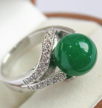 Free Shippinglady's beautiful new design jewelry silver plated with crystal decorated &12mm green jades ring(#7.8.9)