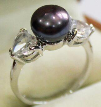 Free Shipping new! lady's silver plated ring with crystal decorated & 9-10mm black shell pearl ring(#7 8 9 )