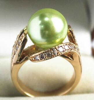 Free Shipping beautiful new jewelry 18KGP with crystal decorated &12mm light green shell pearl ring(#7.8.9)