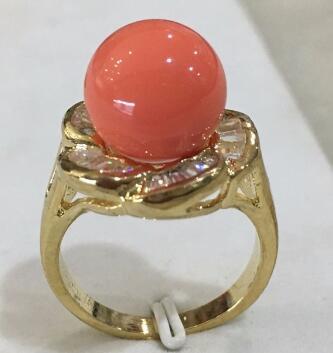 Free ShippinG R010 New trend lady's 18kgp inlay crystal flower shape 12mm orange shell pearl fashion ring SIZE 6/7/8/9/10