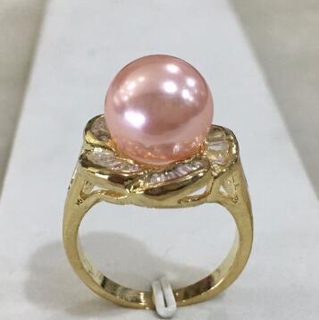 Free Shipping R010 New elegant 18kgp inlay crystal flower shape 12mm light pink shell pearl fashion ring SIZE 6/7/8/9/10