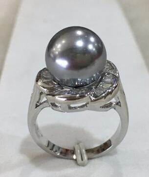 Free Shipping R009 New noble lady's silver plated inlay crystal flower shape 12mm grey shell pearl fashion ring SIZE 6/7/8/9/10