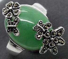 Free Shipping lady's valentise 925 Sterling Silver Flower Marcasite Natural Green Natural Stone Ring Sz 7/8/9/10