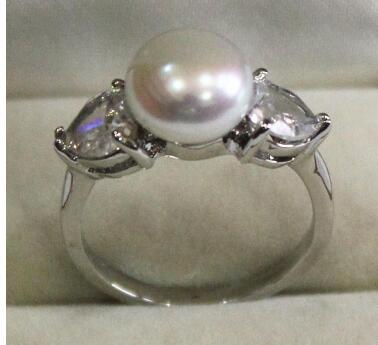 Free Shipping new! lady's silver plated ring with crystal decorated & 9-10mm white shell pearl ring(#7 8 9 )rl ring(#7.8.9)