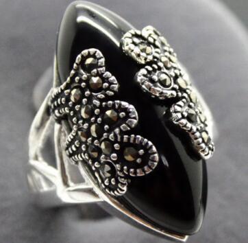 Free Shipping 925 SILVER 11*24mm NATURAL BLACK Natural Stone Handcrafted Ring SIZE 7/8/9/10