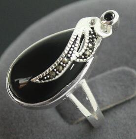 Free Shipping VINTAGE 925 STERLING SILVER 11*23mm NATURAL BLACK Natural Stone MARCASITE RING SZ 7/8/9/10