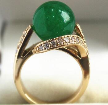 Free Shipping lady's elegant new jewelry GP with crystal decorated &12mm green jades bread ring(#7.8.9)0