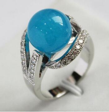 Free Shipping lady's new design jewelry silver plated with crystal decorated &12mm blue jades ring(#7.8.9)