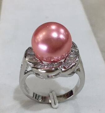 Free Shipping R005 New design lady's silver plated inlay crystal flower shape 12mm pink shell pearl ring SIZE 6/7/8/9/10